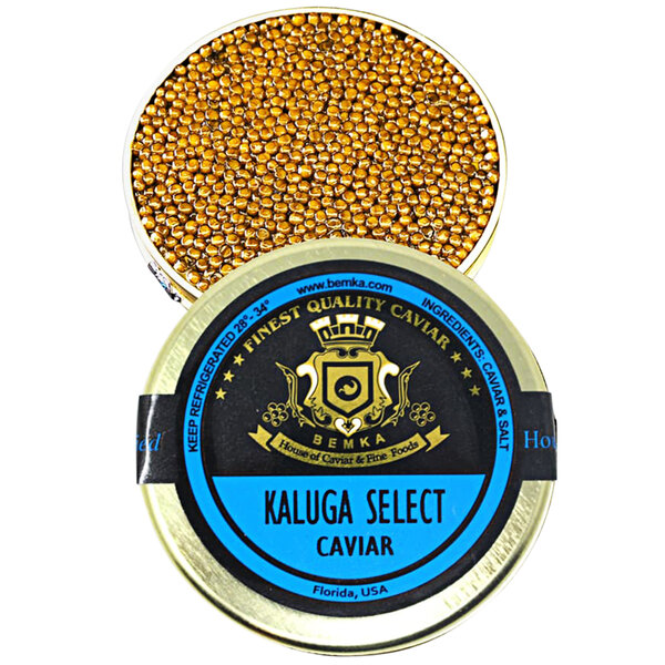 A tin of Bemka Kaluga Select Caviar with a blue label.