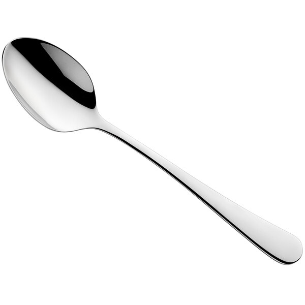 An Amefa Austin stainless steel dessert spoon with a silver handle on a white background.