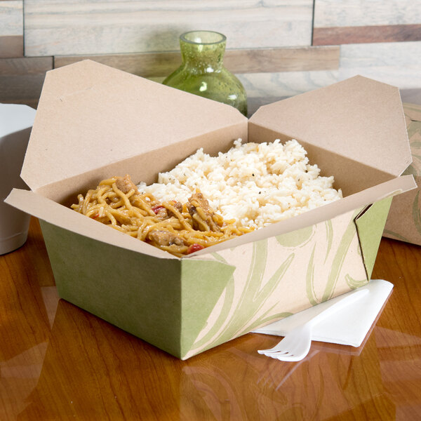A box of food in a Fold-Pak Bio-Plus-Earth paper take-out container on a table.