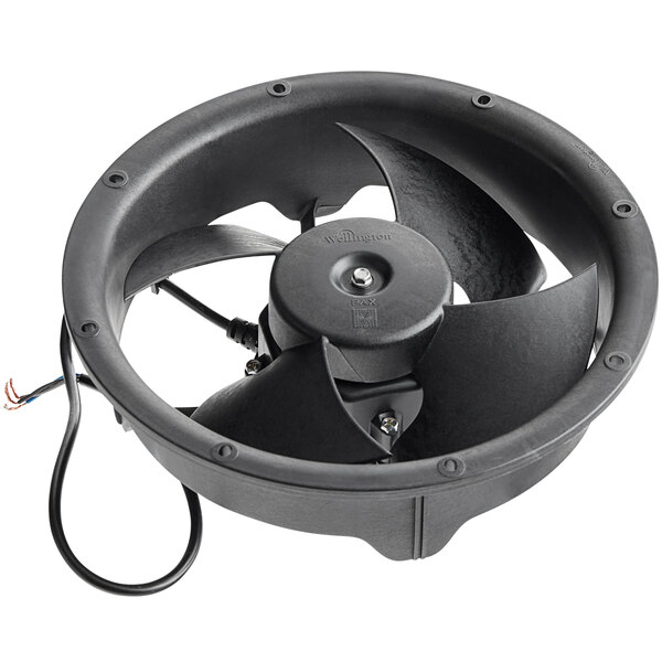 A black Avantco condenser fan motor with wires attached.