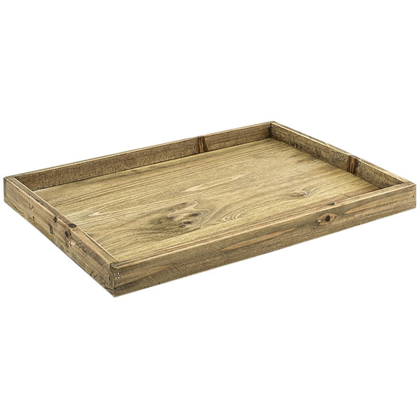 A natural wooden serving tray with a handle.