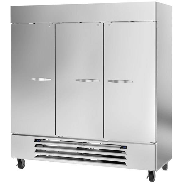 A large silver Beverage-Air refrigerator with three doors.