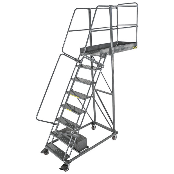 A Ballymore heavy-duty steel cantilever ladder with wheels, metal handrails, and metal bars.