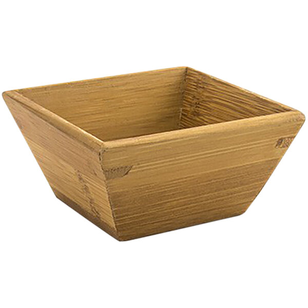 A wooden square bowl with a natural finish.