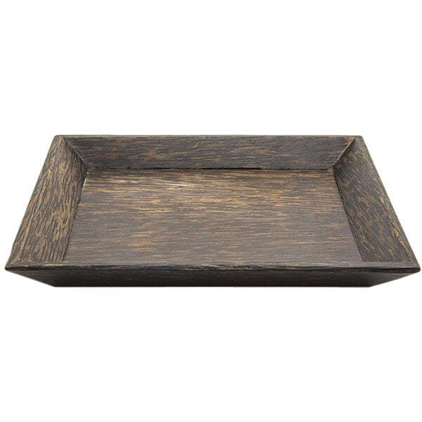 A rectangular wood plate with a dark wood grain surface.