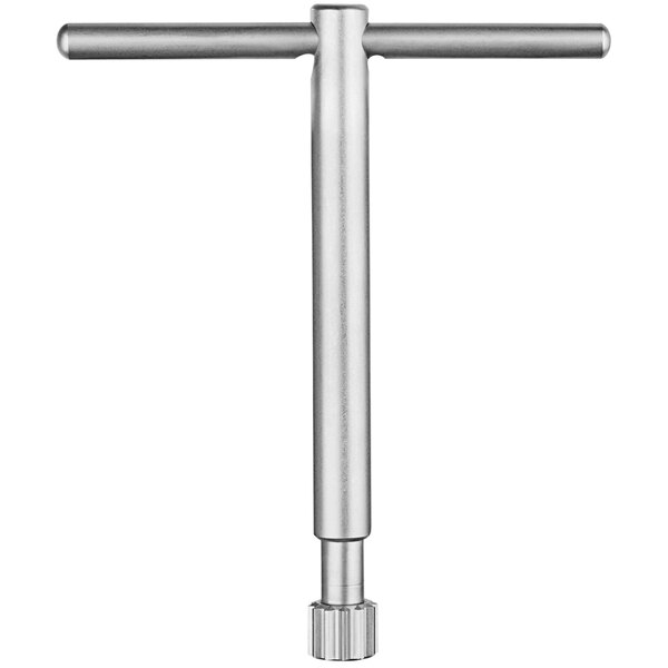 A silver T-shaped tool with a screw on the end.