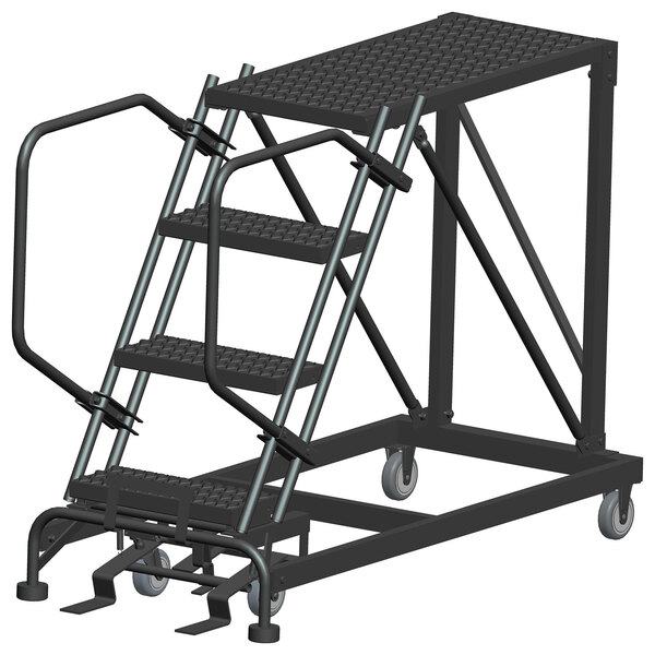 A black Ballymore heavy-duty steel mobile work platform ladder with wheels.