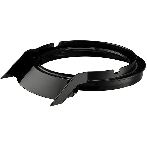A black circular bowl attachment with a handle for a Waring juice extractor.
