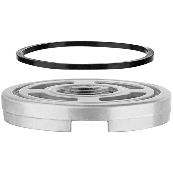 A round metal retainer ring with a black rubber seal.