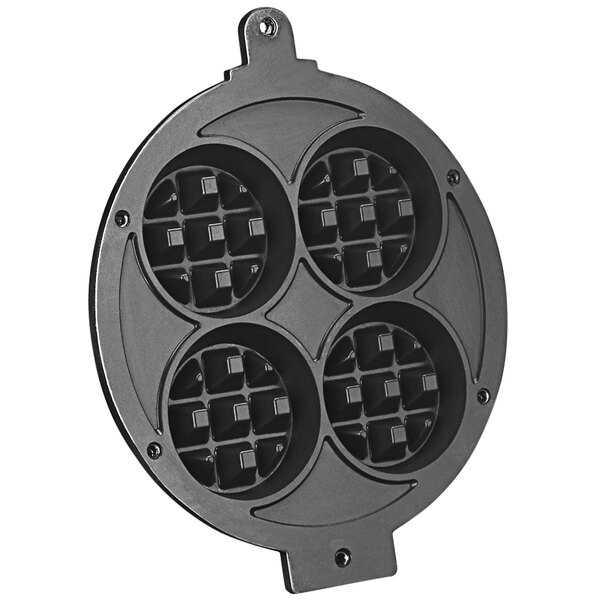 A round black Waring Belgian waffle maker with four holes.