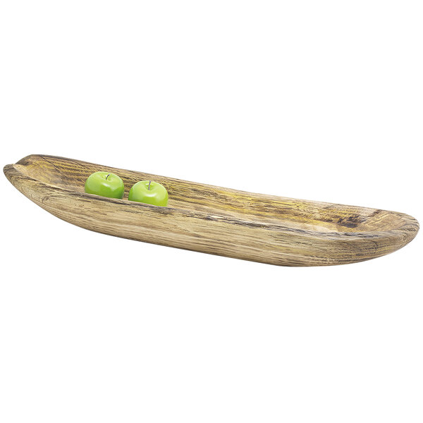 A rectangular natural wood server from Front of the House ROOT with two green apples in it.