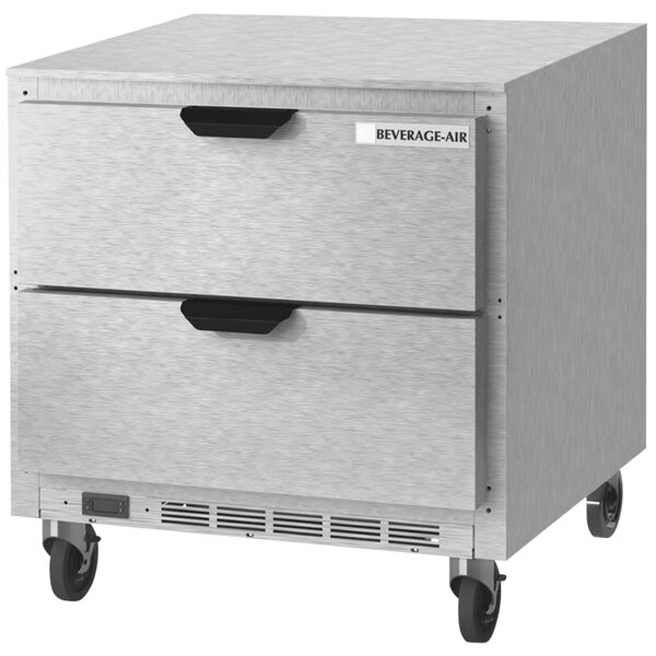 A silver stainless steel Beverage-Air undercounter refrigerator with two drawers.