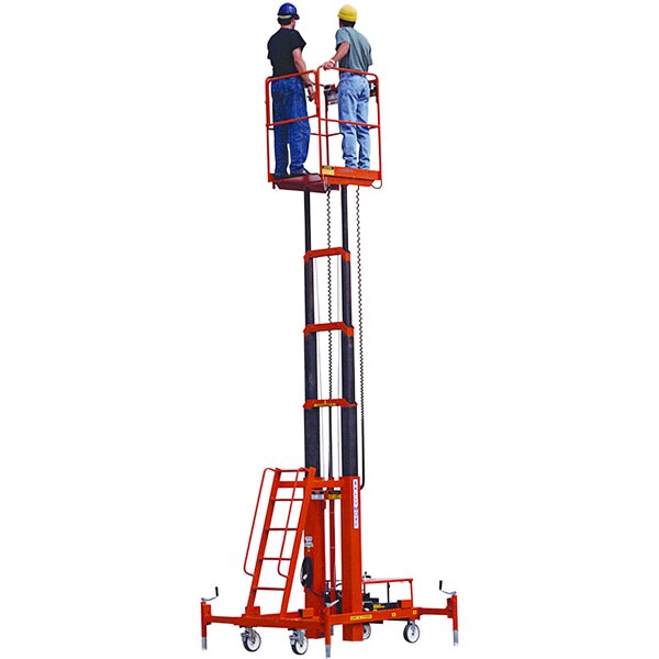 A Ballymore battery-powered maintenance lift with two men on the platform.