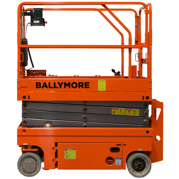 A Ballymore orange battery-powered scissor lift.