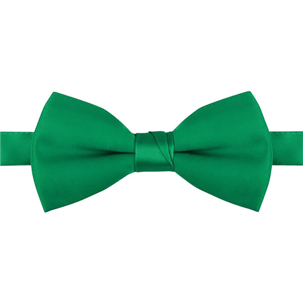 A close-up of a Henry Segal emerald green poly-satin bow tie with an adjustable band.
