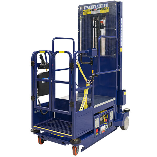 A blue Ballymore Battery-Powered Drivable Hydraulic Stocking Lift with a yellow handrail.