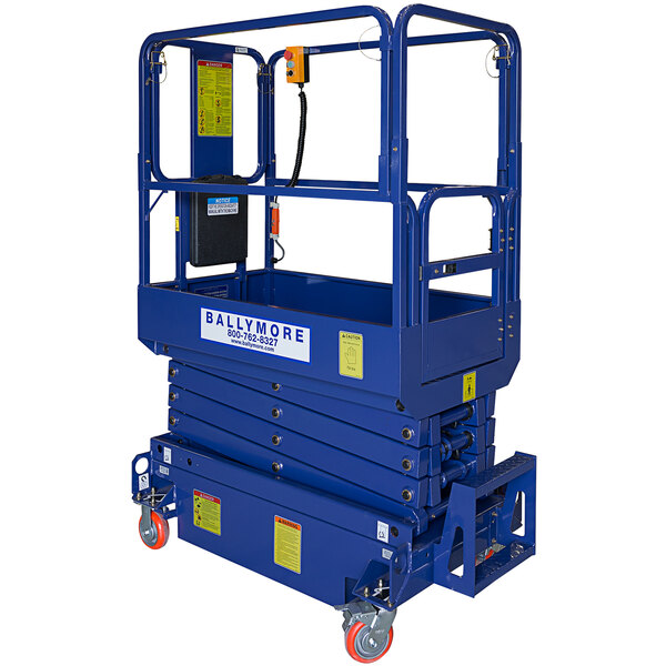 A blue Ballymore battery-powered scissor lift with wheels and guard rails.