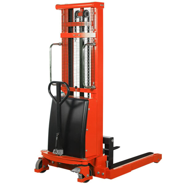A Ballymore semi-powered single mast fork stacker with black and orange accents.