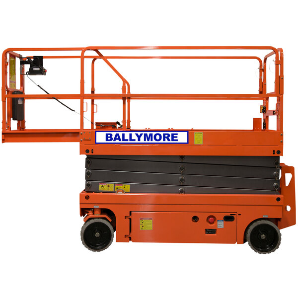 A Ballymore battery-powered compact scissor lift with a cantilevered platform.