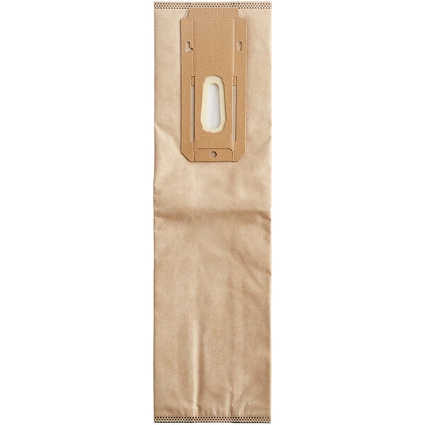 A box of 10 brown paper Hoover vacuum bags with a small hole in one bag.