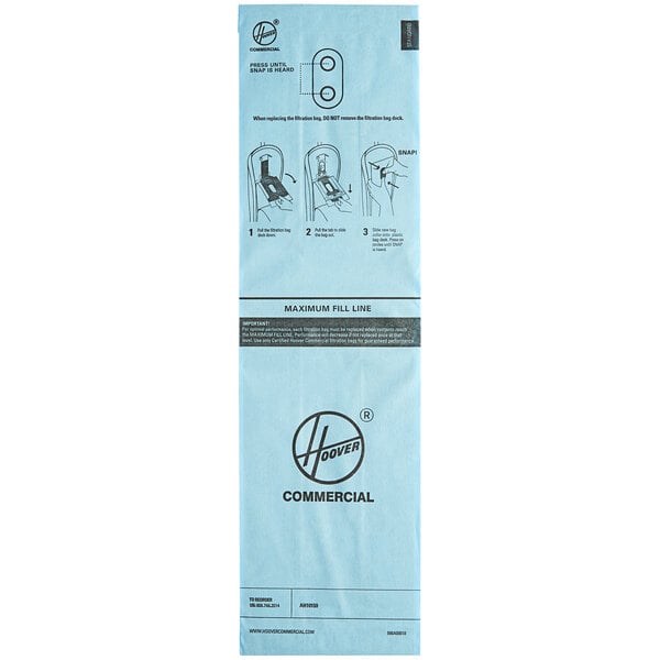 A blue package of 10 Hoover standard filtration vacuum bags with instructions.