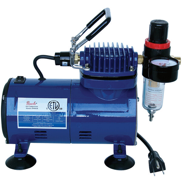 A blue Paasche D500SR air compressor with a pressure gauge.