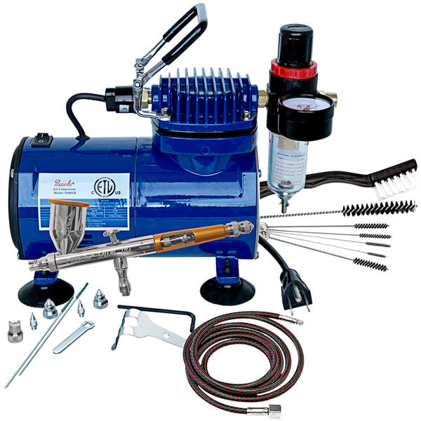 A blue air compressor with tools and accessories.