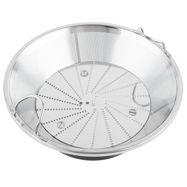 A Robot Coupe stainless steel filter basket with a handle and holes.