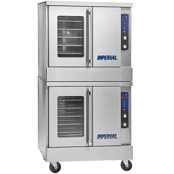 A stainless steel Imperial Range commercial convection oven with two decks and two doors.