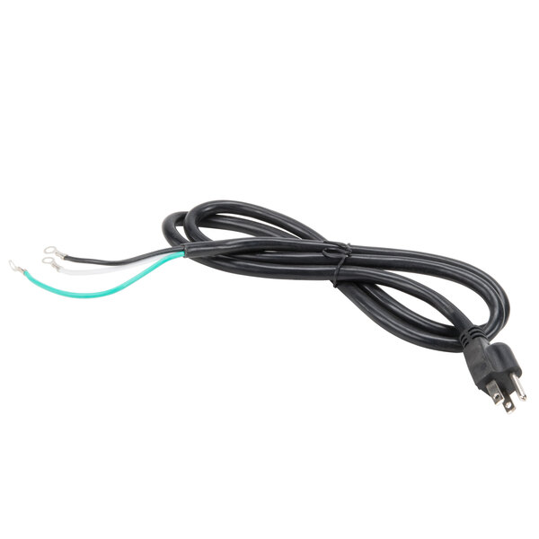 A black electrical cord with a green wire and two plugs.