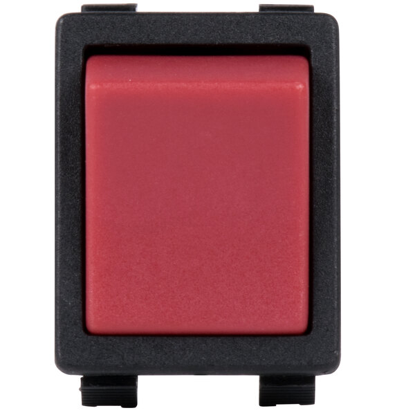 A red square button with black frame on a white background.