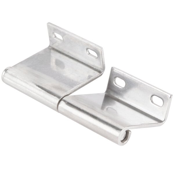 A pair of Main Street Equipment stainless steel door hinges with holes.