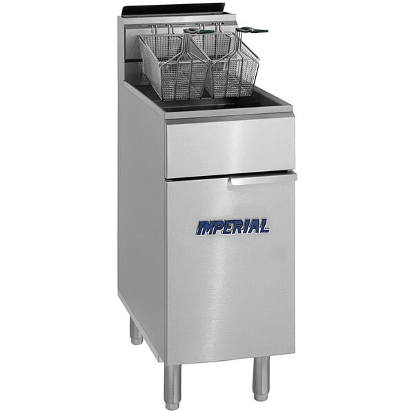 An Imperial Range stainless steel gas tube fired fryer.