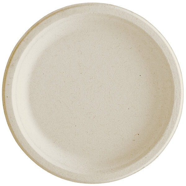 A white Tellus Products bagasse plate with a round surface and a plain rim.