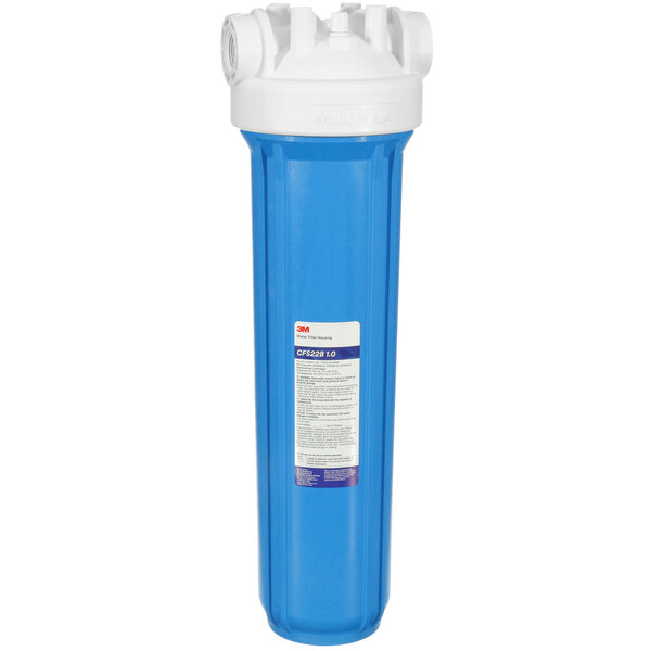 A blue container with a white lid and label for 3M Water Filtration Products.