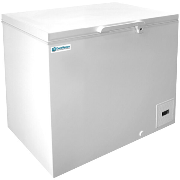 A white commercial chest freezer with a lid open and a handle.