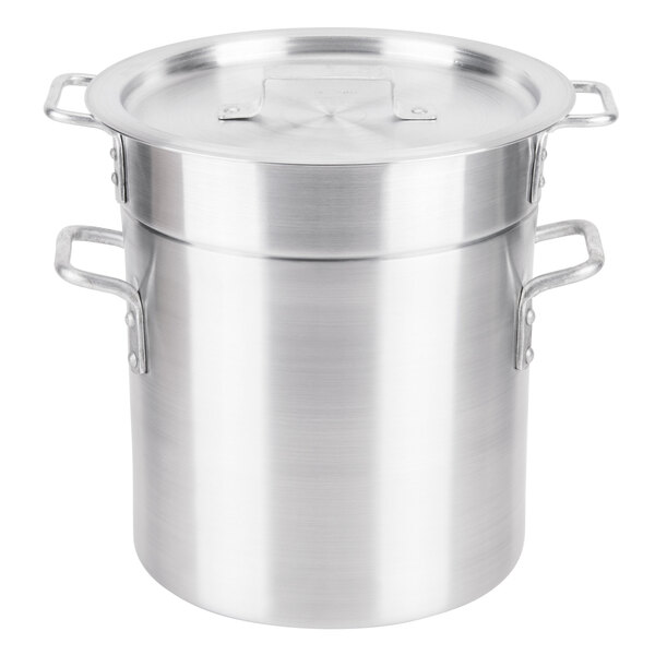 A large silver aluminum pot with handles and a lid.