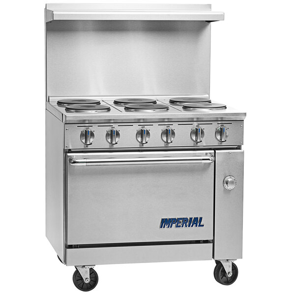 A large stainless steel Imperial Range electric range with 6 round plates.