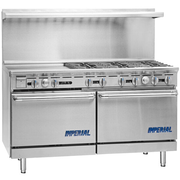 An Imperial stainless steel 6-burner gas range with a griddle and 2 ovens.