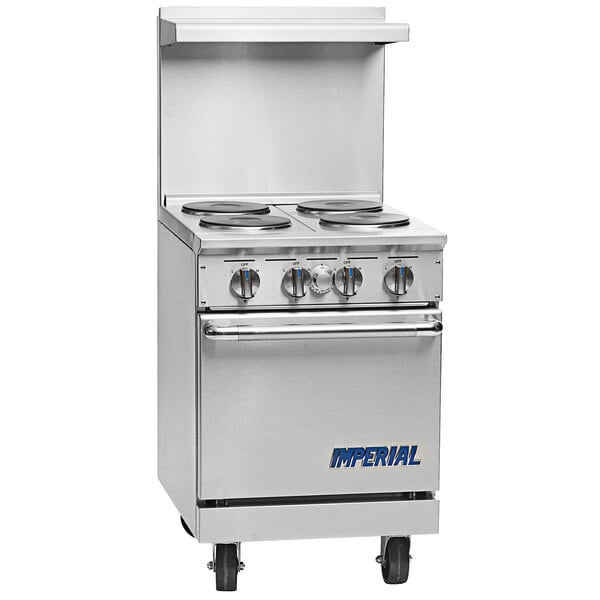 A large stainless steel Imperial commercial electric range with four round burners and an oven.