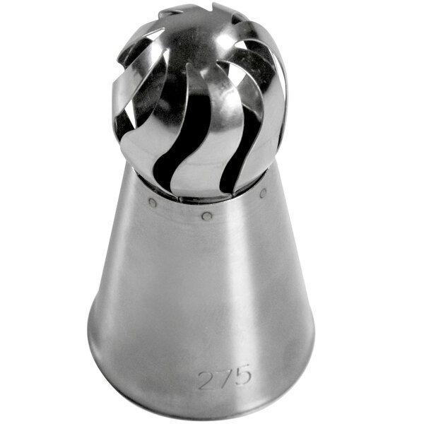 A silver metal Carpigiani Ball Tube Swirl Nozzle with a black spiral.