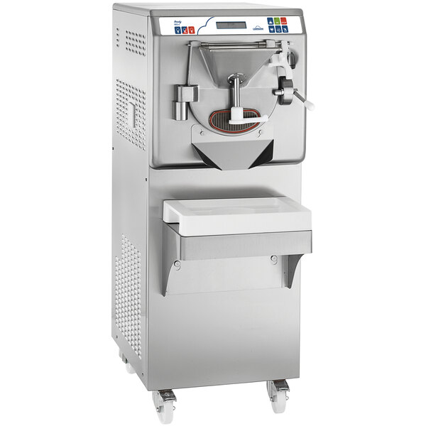 A Carpigiani commercial ice cream machine with a stainless steel base and wheels.