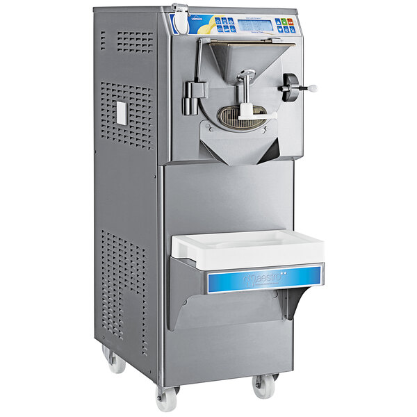 A Carpigiani Maestro commercial ice cream machine on wheels with a white container.