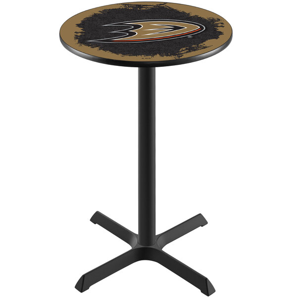 A Holland Bar Stool bar height pub table with an Anaheim Ducks NHL logo on the round top.