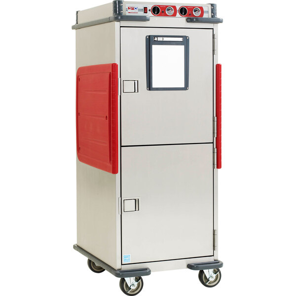 A silver stainless steel Metro C5 T-Series holding cabinet with red accents.