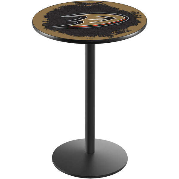 A round Holland Bar Stool pub table with Anaheim Ducks logo on the surface and a black pole.