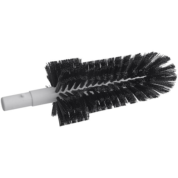 A black circular brush with white bristles.