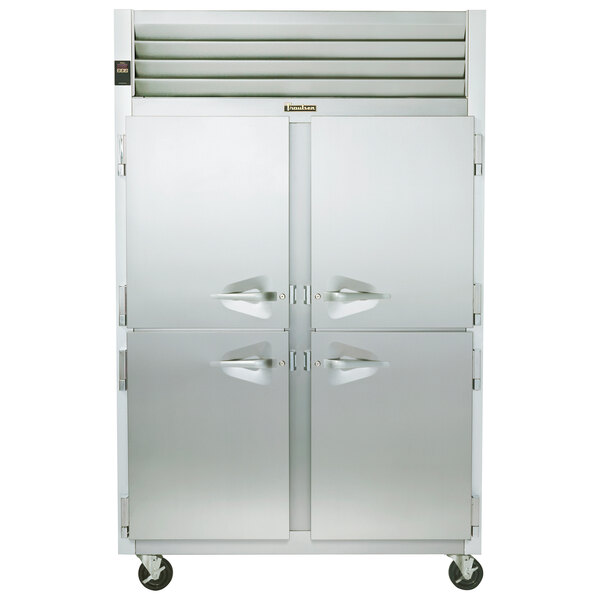 A stainless steel Traulsen reach-in freezer with two doors.