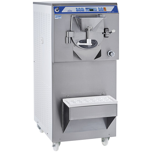 A Carpigiani commercial ice cream batch freezer with a stainless steel container on wheels.