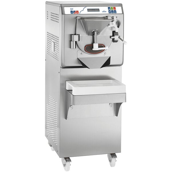 A Carpigiani air cooled gelato and dessert batch freezer with a stainless steel base and wheels with a white handle.